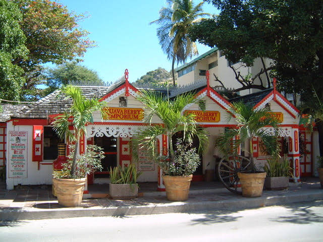 The Guavaberry Emporium shop with gingerbread style architecture in St Maarten St Martin