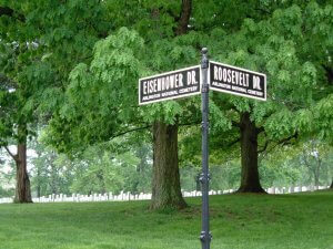 Road signs honoring the fallen presidents at Arlington, they read Eisenhower Dr. and Roosevelt Dr.