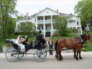 Couple in carriage being delivered to wedding venue