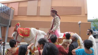 Man in turban rides a white horse guided by a group to his wedding