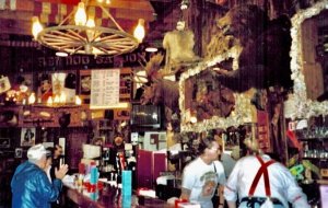 People sitting in bar in Alaska with taxidermy bear and moose in background